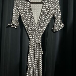 Ann Taylor Brown and Off white Geometric wrap dress